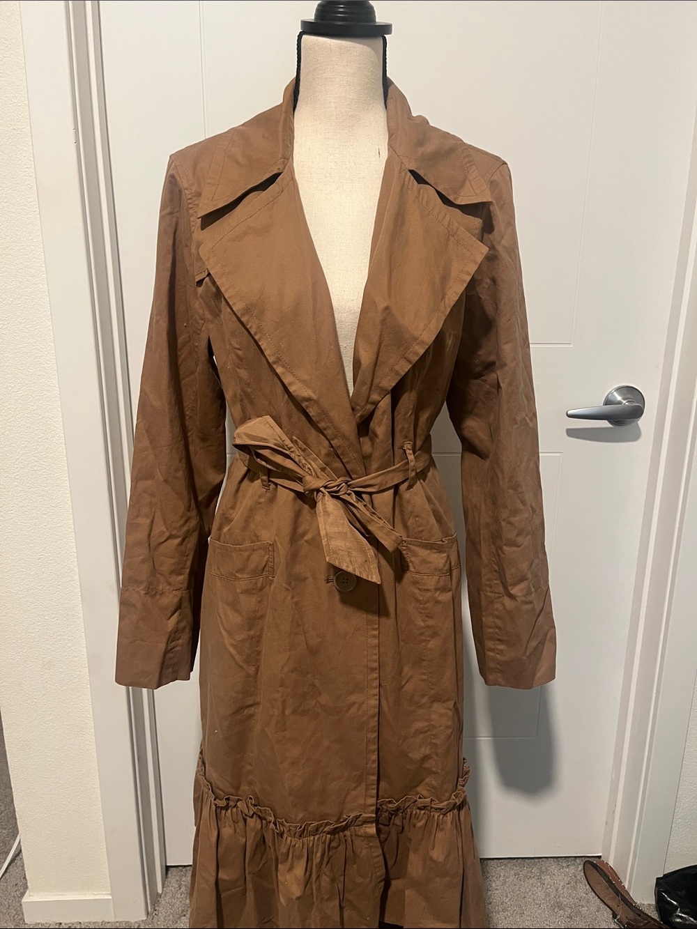 Anthropologie Sitwell Brown Tie-Waist Belt Tie Ruffle Cotton Trench Coat NWT